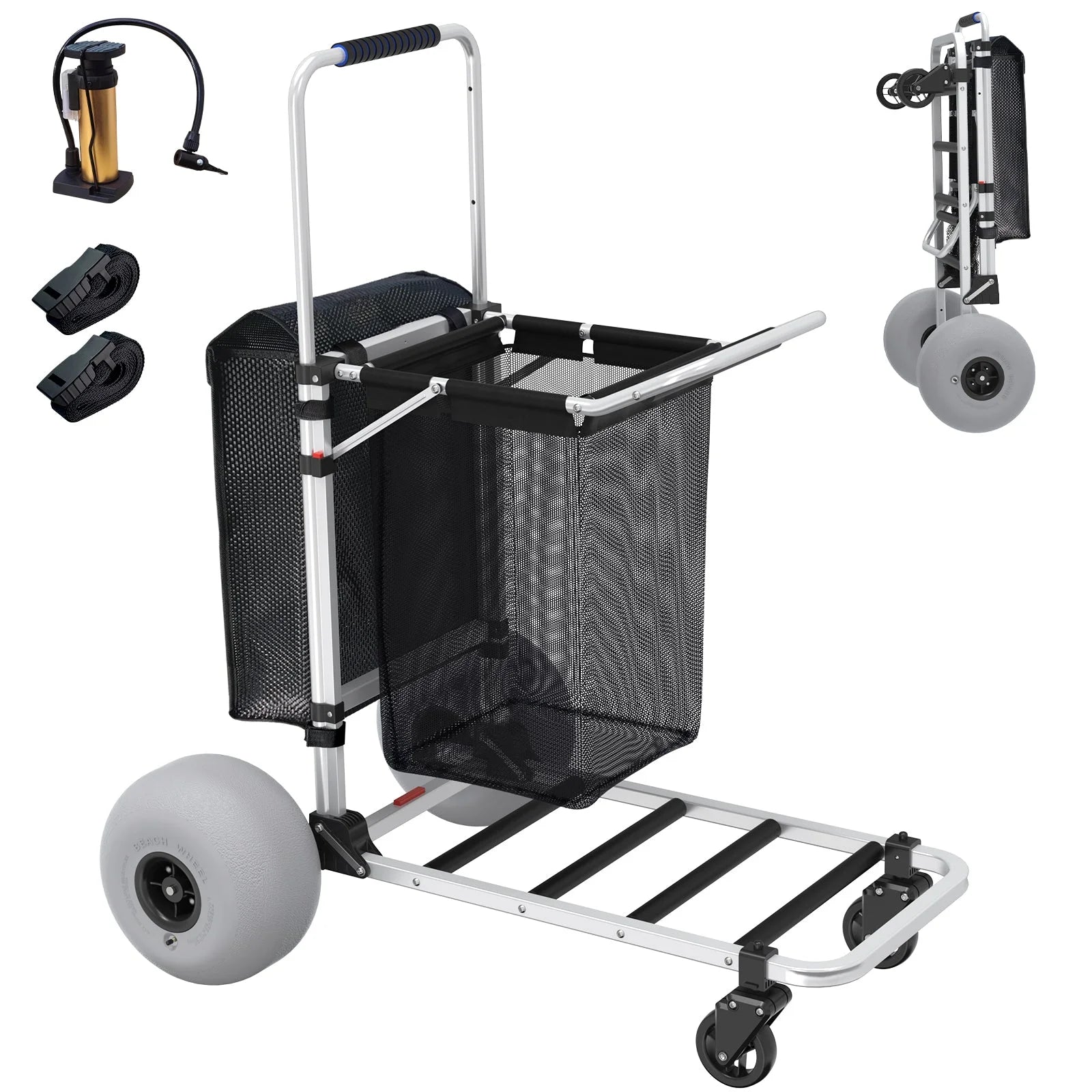 GDLF Foldable Beach Cart with Adjustable Handle and 12" Balloon Wheels, Heavy Duty Aluminum 220LBS Capacity
