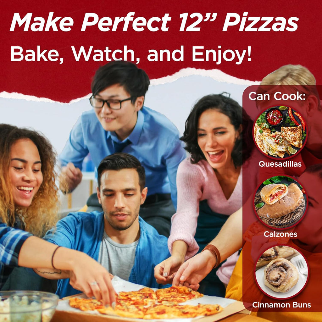 Electric Pizza Oven with Ceramic Stone, Viewing Window, Adjustable Heat Control, Timer and 1200W Baking Power, DIY Homemade Pizzeria, Large 12 Pie Capacity (Black)