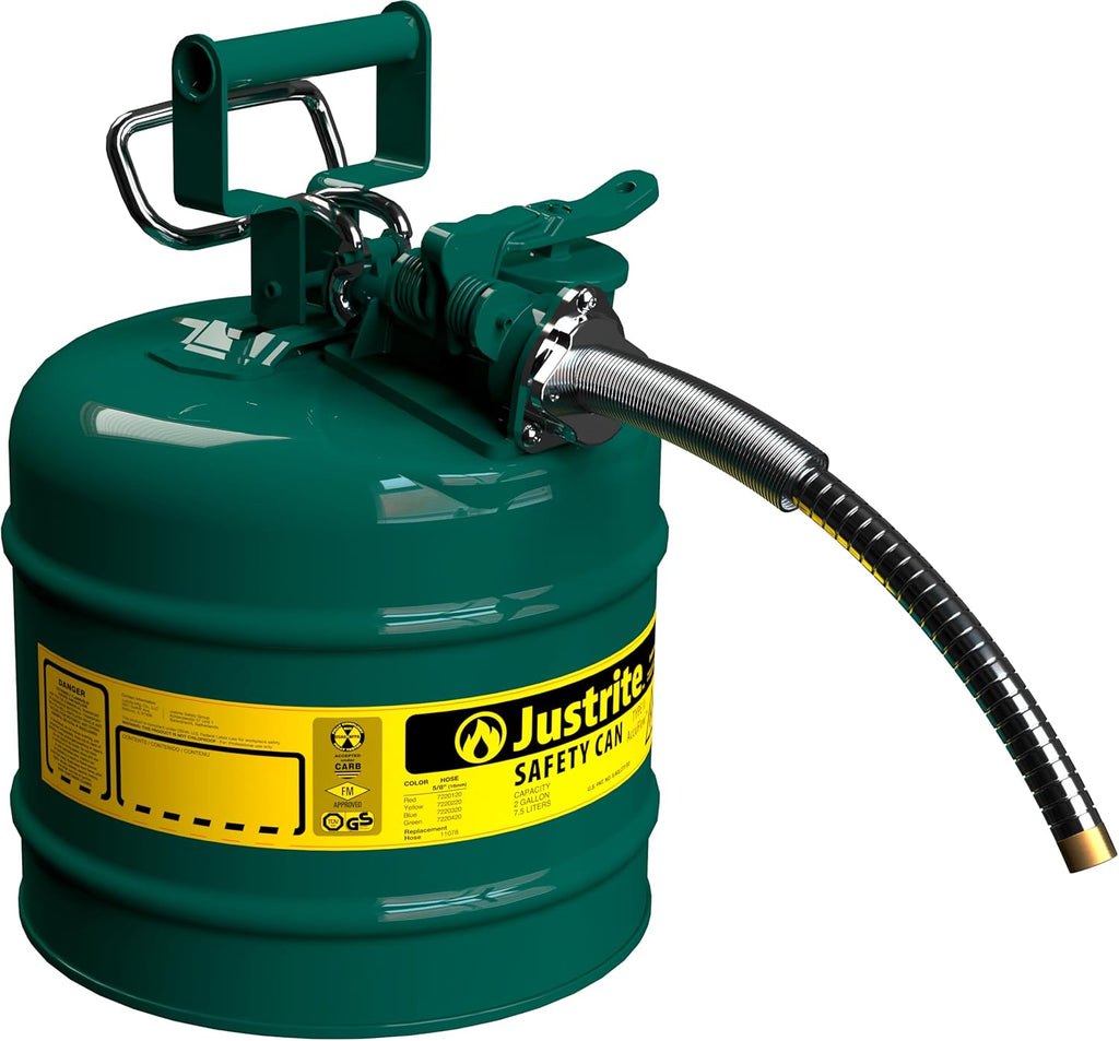 Justrite 5-Gallon Type II Red Safety Gas Can OSHA-Approved Steel Fuel Container with Flame Arrester, Self-Closing Lid & 1" Flexible Spout (7250130)