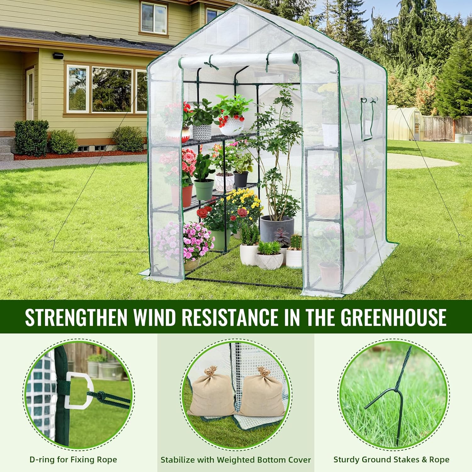 Greenhouse, 57 x 85 x 76'' Greenhouses for Outdoors, Portable Greenhouse Kit with Mesh Side Windows, PE Cover, 8 Shelves, Heavy Duty Walk in Green House for Backyard Garden Indoor Outside