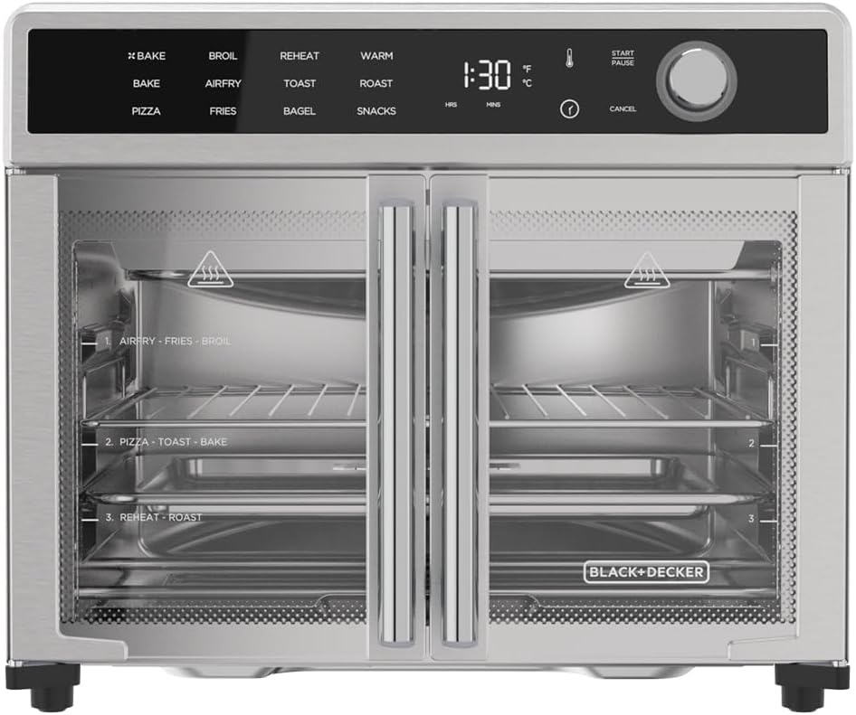 Crisp 'N Bake Air Fryer Toaster Oven Combo, 12 in 1 Countertop Convection Oven Cooks Food Fast, Fits a Whole Pizza or 6 Toast Slices, French Doors with Stainless Steel Finish