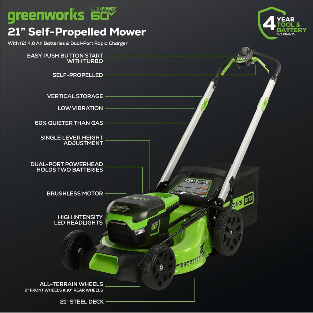 60V 21" Cordless (Self-Propelled) Lawn Mower , 2 x 4.0Ah Batteries and Dual Port Rapid Charger