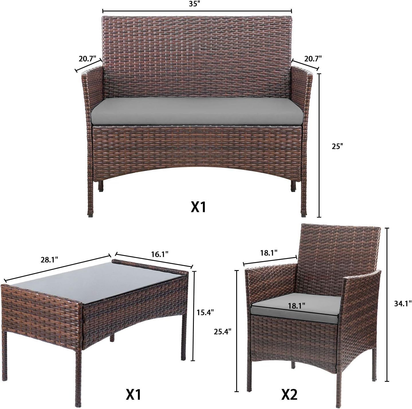 4 Pieces Patio Rattan Chair Wicker, Outdoor Indoor Use Backyard Porch Garden Poolside Balcony Furniture Sets (Red)