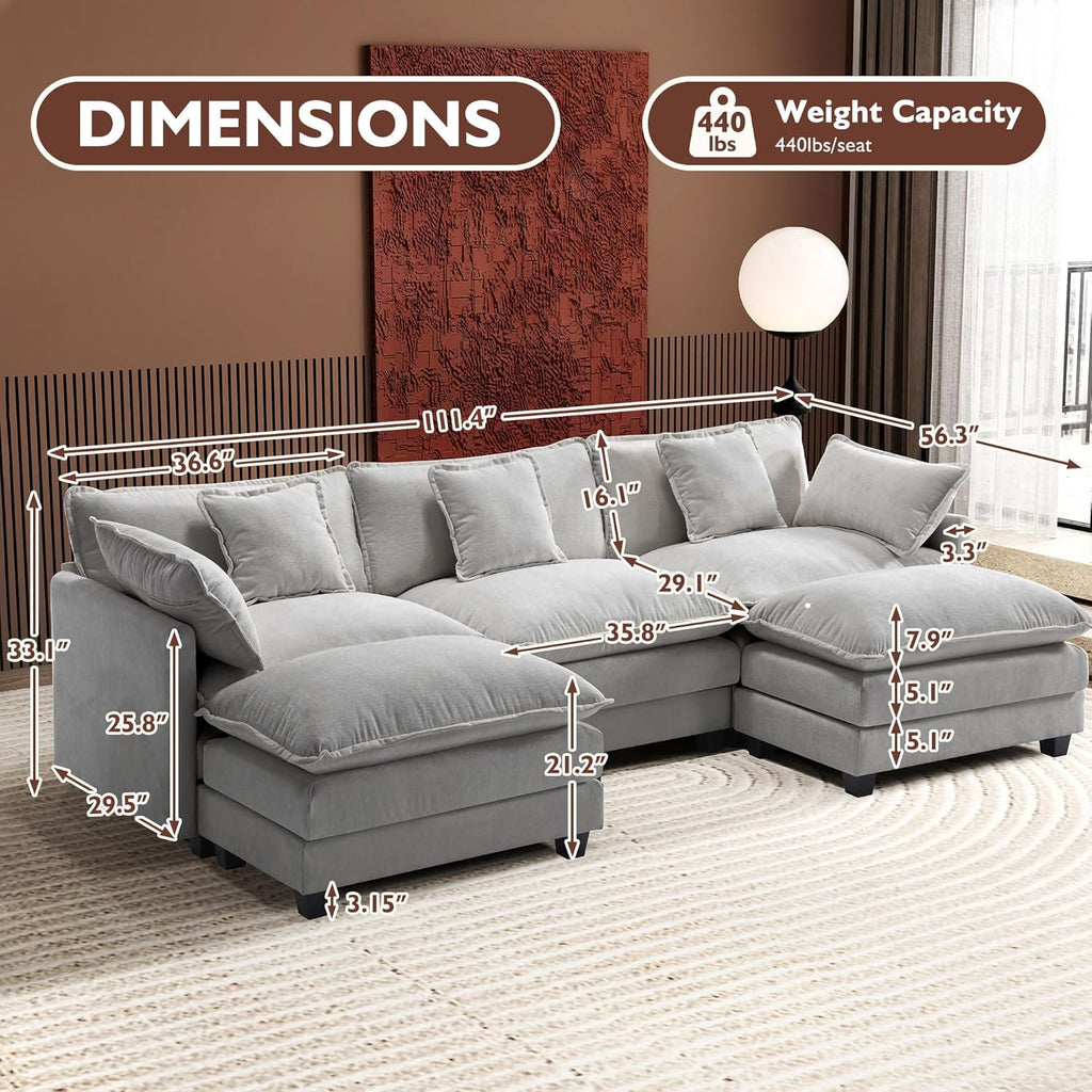 111.4 Inch L-Shaped Modern Sofa Modular Cloud Sofa Ottoman 4-Seater Chenille Deep Seat Sofa