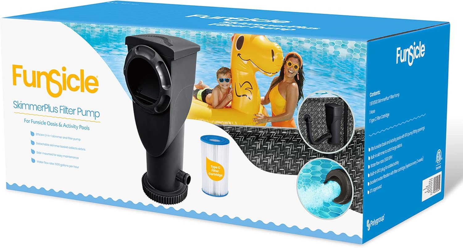 Funsicle SkimmerPlus 1500 Gallons Per Hour 2 in 1 Filter Pump and Skimmer System with Clamps and 1.5 Inch Hose Fitting for Above Ground Swimming Pools