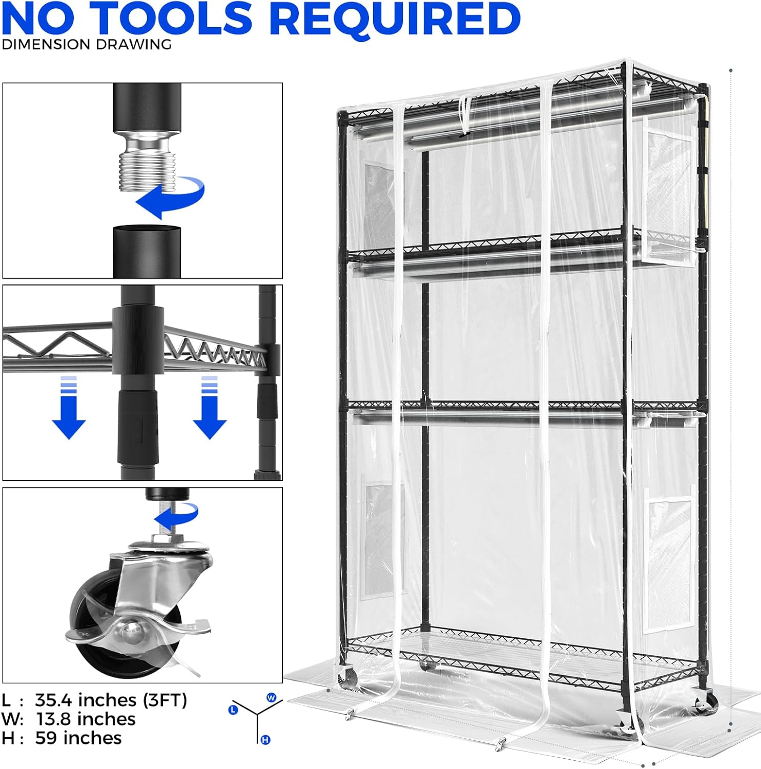 Barrina Mini Greenhouse with LED Grow Light for Indoor Plant, 4-Tier Portable Metal Plant Stand with Wheels, Plant Shelf with Tent, 6Pcs Plant Light with Timer and Thermo-Hygrometer, 35.4x13.8x59IN