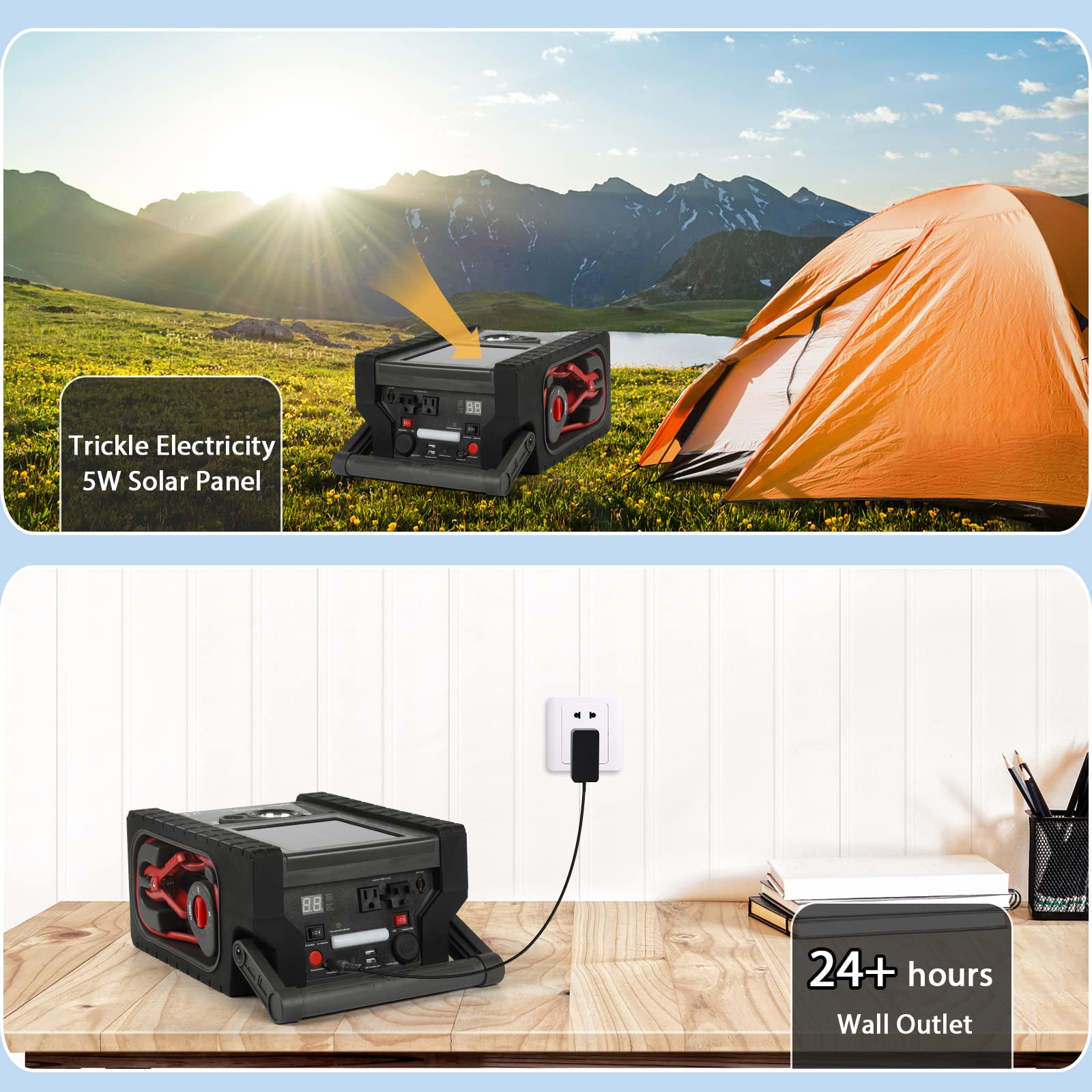 Solar Portable Power Station 2000 Amps Jump Starter, 260 PSI Air Compressor, 12V Car Battery Charger with 400W Inverter Dual AC/DC/USB Output, Emergency Backup Power with Flashlights