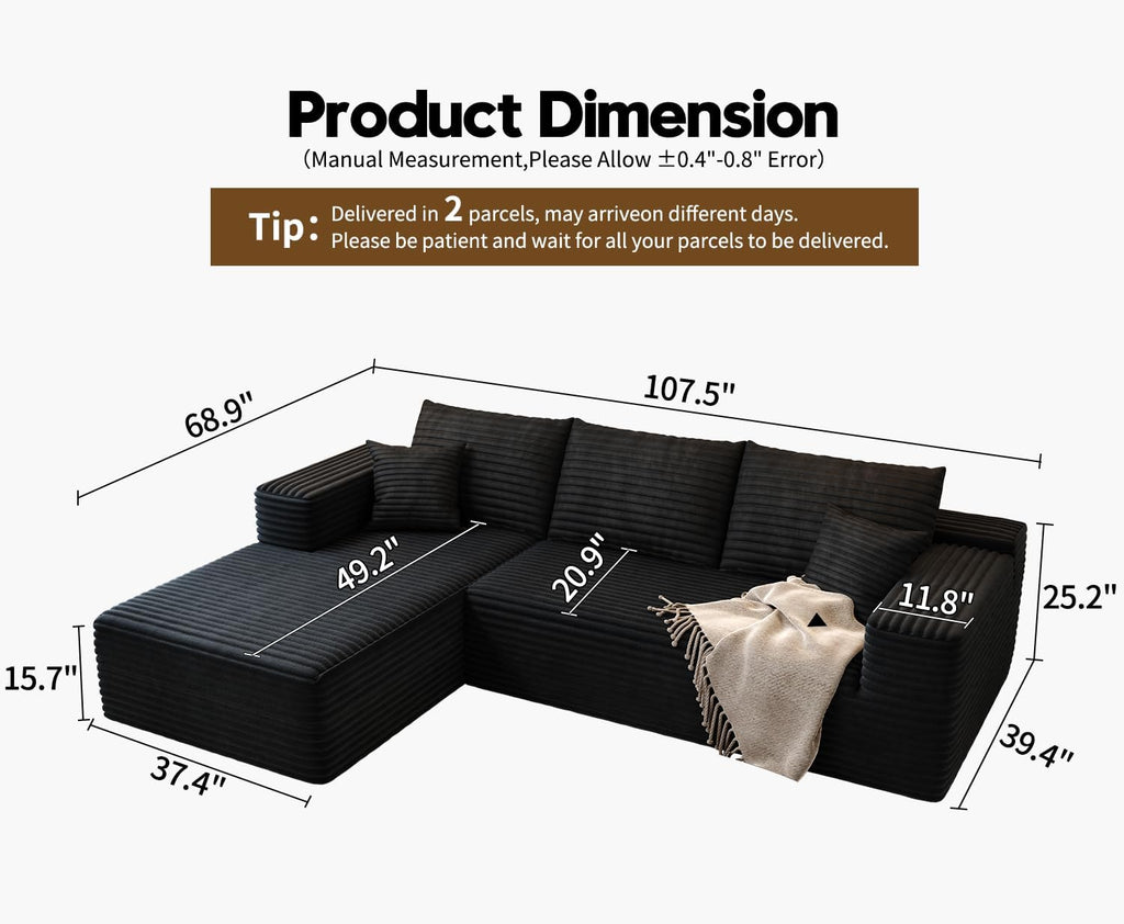107.5" Cloud Modular Sectional Sofa Couch with L-Shape Chaise,Modern Minimalist Upholstered Couches for Living Room Bedroom,Deep Seat Corner Couch，No Assembly Required (Black,Left Facing Chaise)