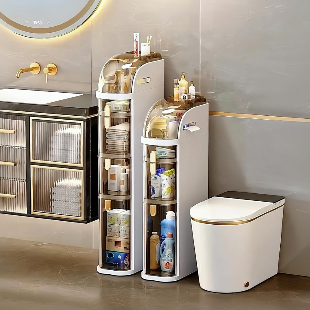 4-Tiers Narrow Bathroom Storage Cabinet 7.1 Slim Bathroom Floor Organizer with Drawers and Tissue Box Plastic Waterproof Mobile Locker