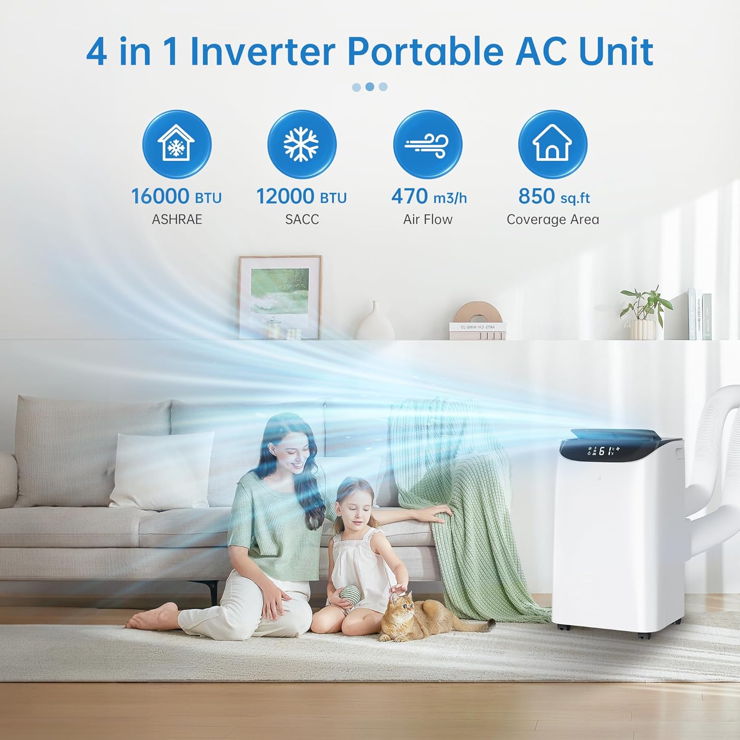 Portable Air Conditioner Cools Up to 700 Sq.Ft, 3-IN-1 Energy Efficient Portable AC Unit with Remote Control & Installation Kits for Large Room, Campervan, Office, Temporary Space