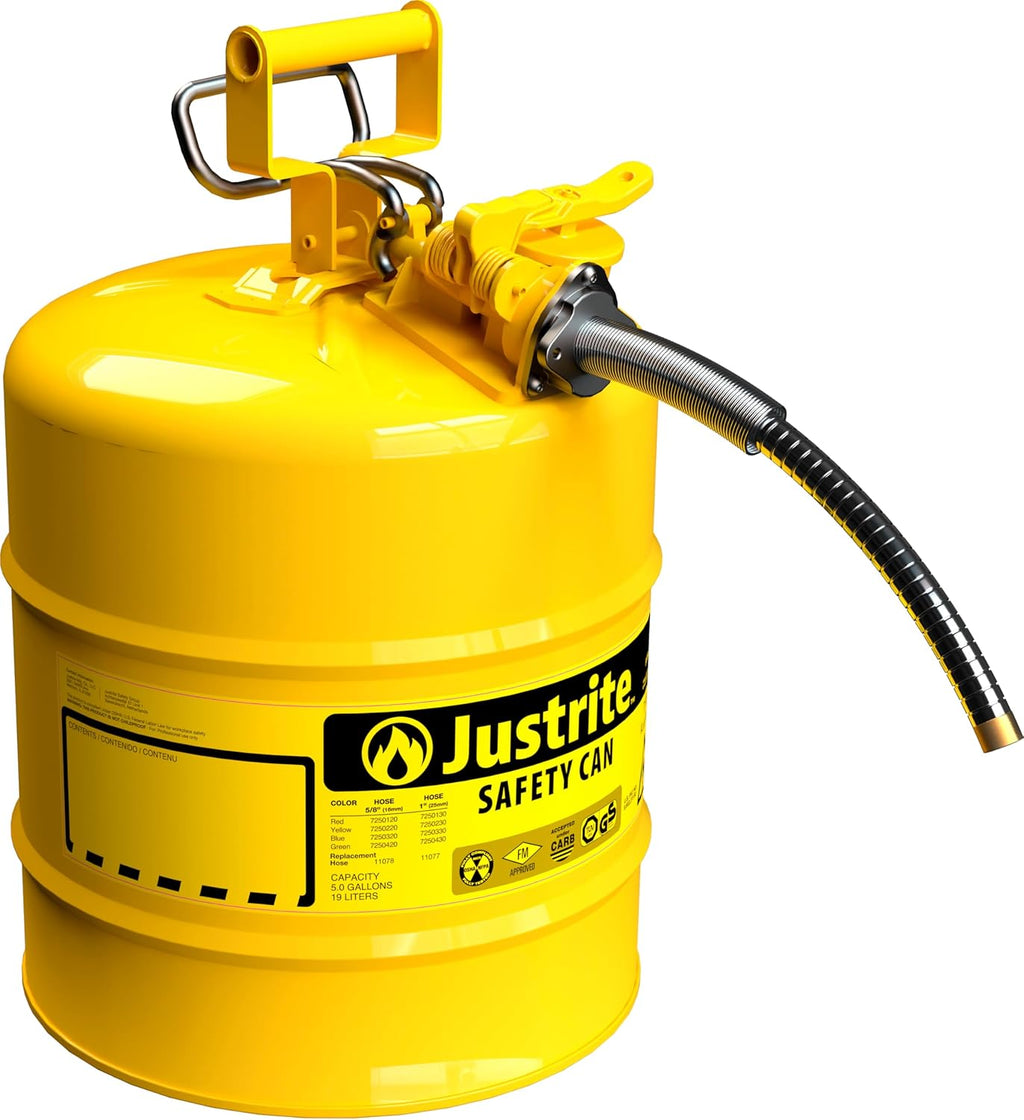 Justrite 5-Gallon Type II Red Safety Gas Can OSHA-Approved Steel Fuel Container with Flame Arrester, Self-Closing Lid & 1" Flexible Spout (7250130)