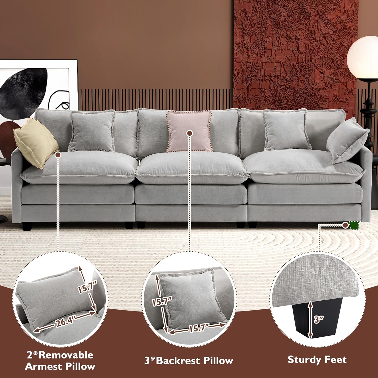 111.4 Inch L-Shaped Modern Sofa Modular Cloud Sofa Ottoman 4-Seater Chenille Deep Seat Sofa