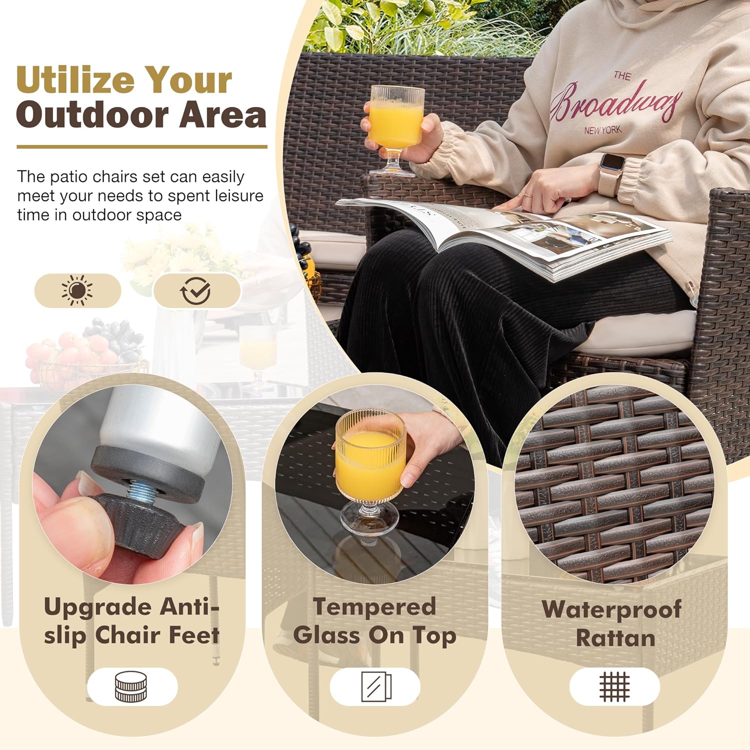 4 Pieces Patio Rattan Chair Wicker, Outdoor Indoor Use Backyard Porch Garden Poolside Balcony Furniture Sets (Red)