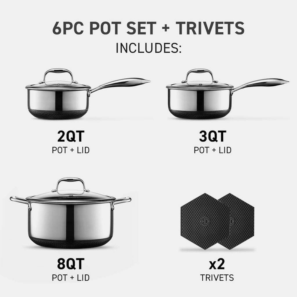 HexClad Hybrid Nonstick 6-Piece Pot Set with 2 Silicone Trivets, 2, 3, and 8-Quart Pots with Tempered Glass Lids, Stay-Cool Handles, Dishwasher-Friendly, Induction-Ready, Compatible with All Cooktops