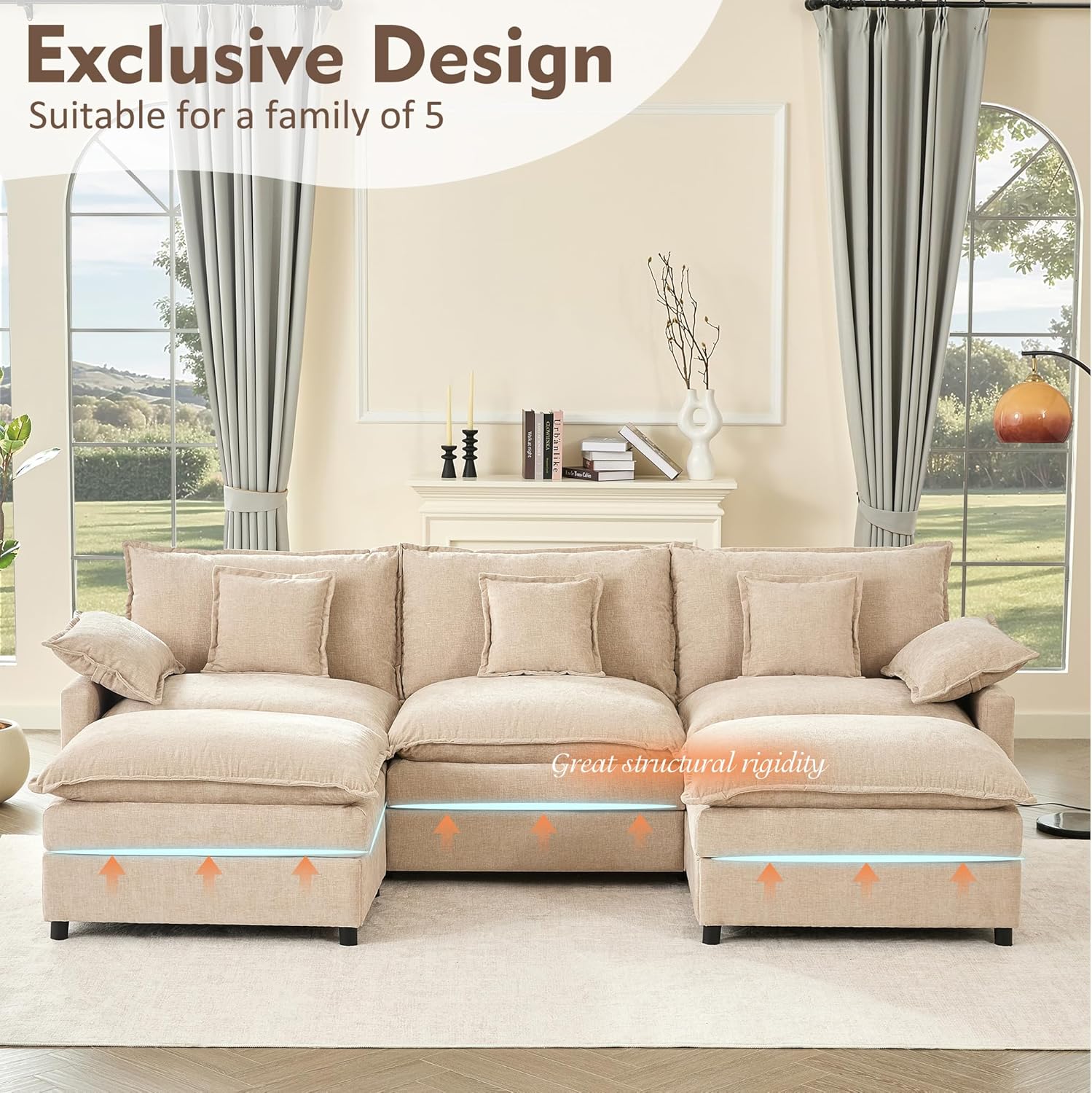 108" U Shaped Couch, Modular Sectional Sofa, 3-Seater Comfy Cloud Couch with Movable Ottoman, Deep Seat Couches for Living Room, Chenille, Slate
