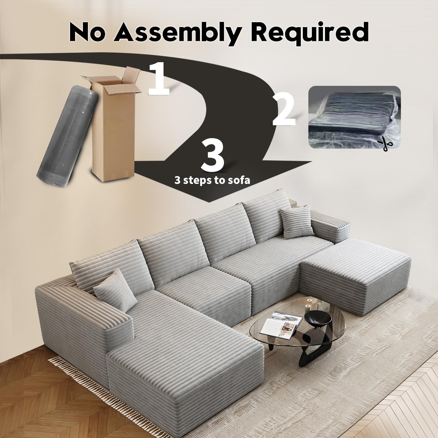 107.5" Cloud Modular Sectional Sofa Couch with L-Shape Chaise,Modern Minimalist Upholstered Couches for Living Room Bedroom,Deep Seat Corner Couch，No Assembly Required (Black,Left Facing Chaise)