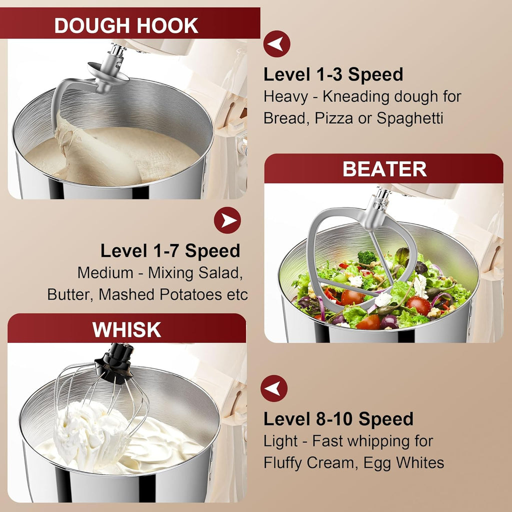 10-Speed Stand Mixer with 8-in-1 Splash Guard, Tilt Head, 6-Quart Stainless Steel Bowl + Dishwasher-Safe Dough Hook/Whisk/Blender/Scraper