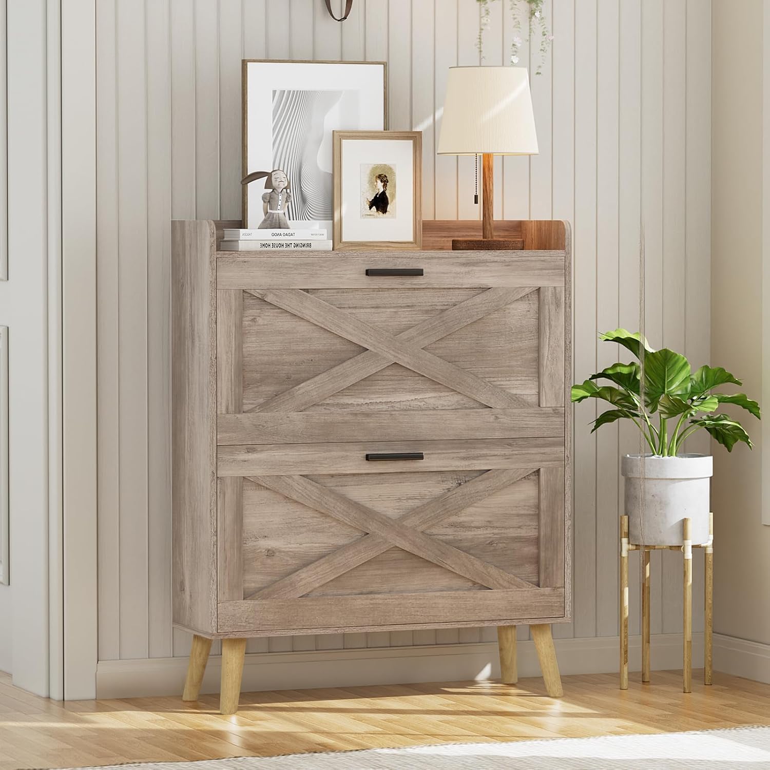 32" wide farmhouse shoe cabinet with 2 flip-top drawers and barn door design, adjustable shelves