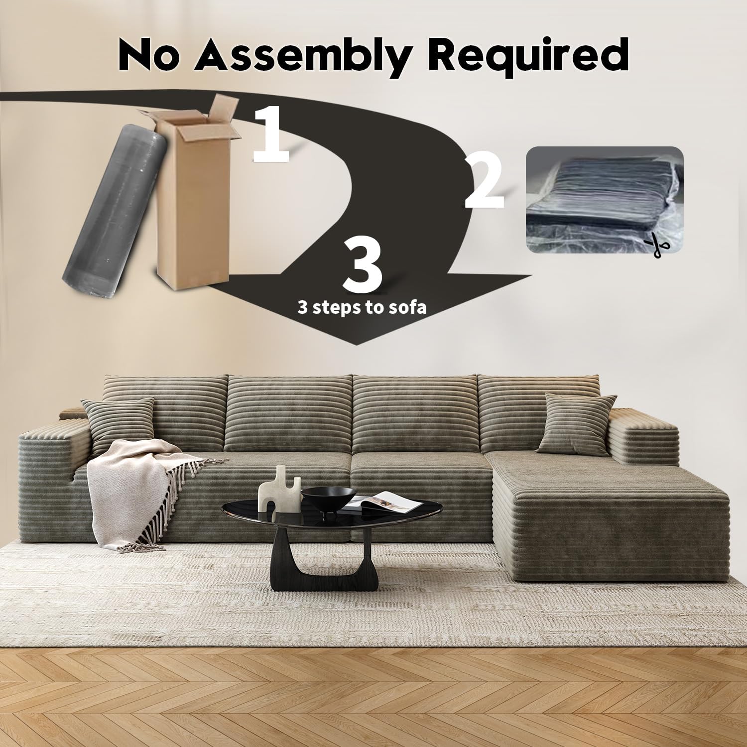 107.5" Cloud Modular Sectional Sofa Couch with L-Shape Chaise,Modern Minimalist Upholstered Couches for Living Room Bedroom,Deep Seat Corner Couch，No Assembly Required (Black,Left Facing Chaise)