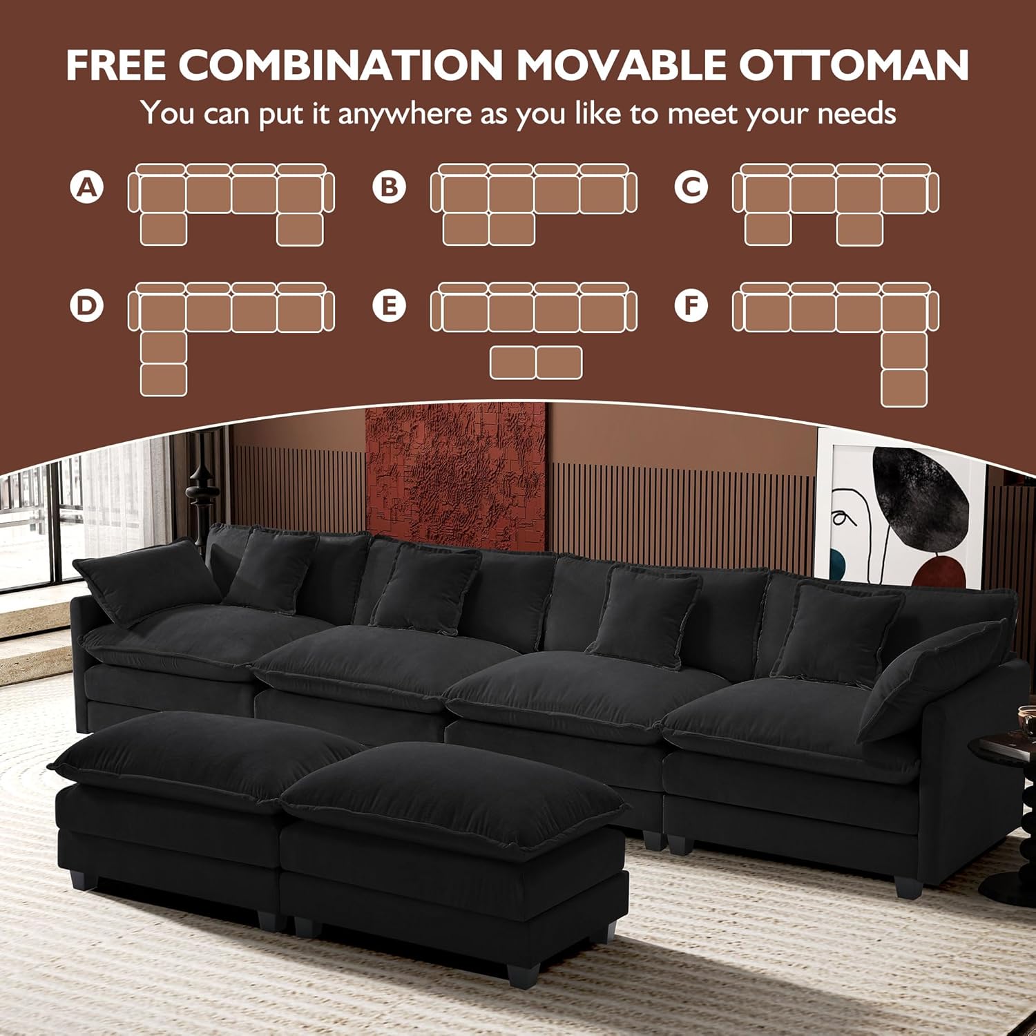 111.4 Inch L-Shaped Modern Sofa Modular Cloud Sofa Ottoman 4-Seater Chenille Deep Seat Sofa
